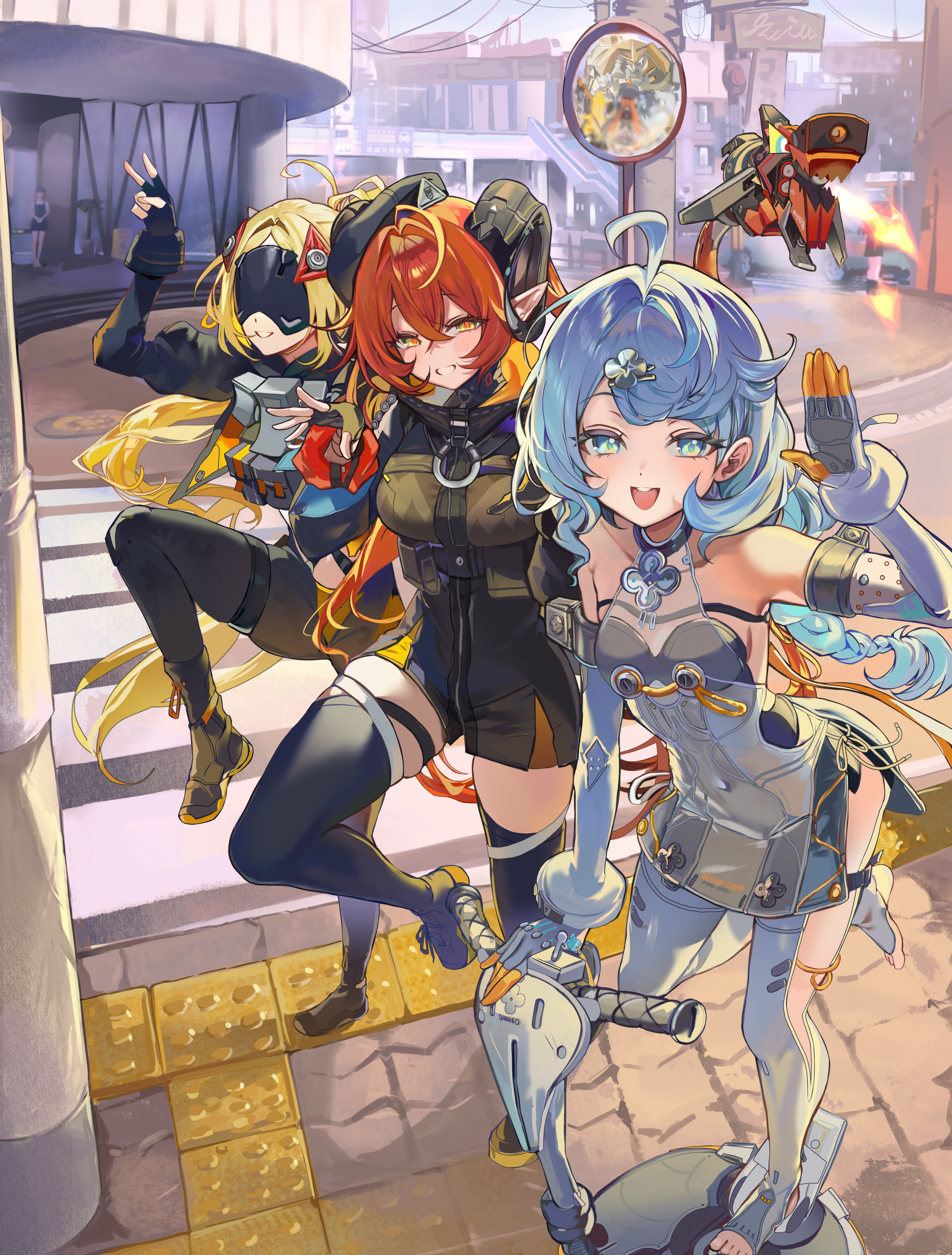 haze (7h4ze), magus (zenless zone zero), orphie magnusson, seed (zenless zone zero), seed sr., soldier 11 (zenless zone zero), trigger (zenless zone zero), zenless zone zero, absurdres, commentary, english commentary, highres, 3girls, ahoge, aqua eyes, black gloves, black mask, black pants, black thighhighs, blonde hair, blue hair, elbow gloves, fingerless gloves, gloves, hair between eyes, hair ornament, long hair, looking at viewer, mechanical tail, multiple girls, open mouth, orange hair, outdoors, pants, pointy ears, reflection, smile, standing, standing on one leg, stirrup legwear, tail, teeth, thighhighs, tight clothes, toeless legwear, upper teeth only, v, white gloves