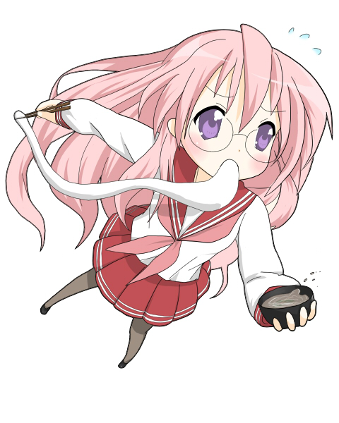 suzumiya annko, takara miyuki, lucky star, bad id, bad pixiv id, 00s, 1girl, eating, female focus, food, glasses, long hair, pantyhose, pink hair, purple eyes, school uniform, serafuku, solo, zouni soup