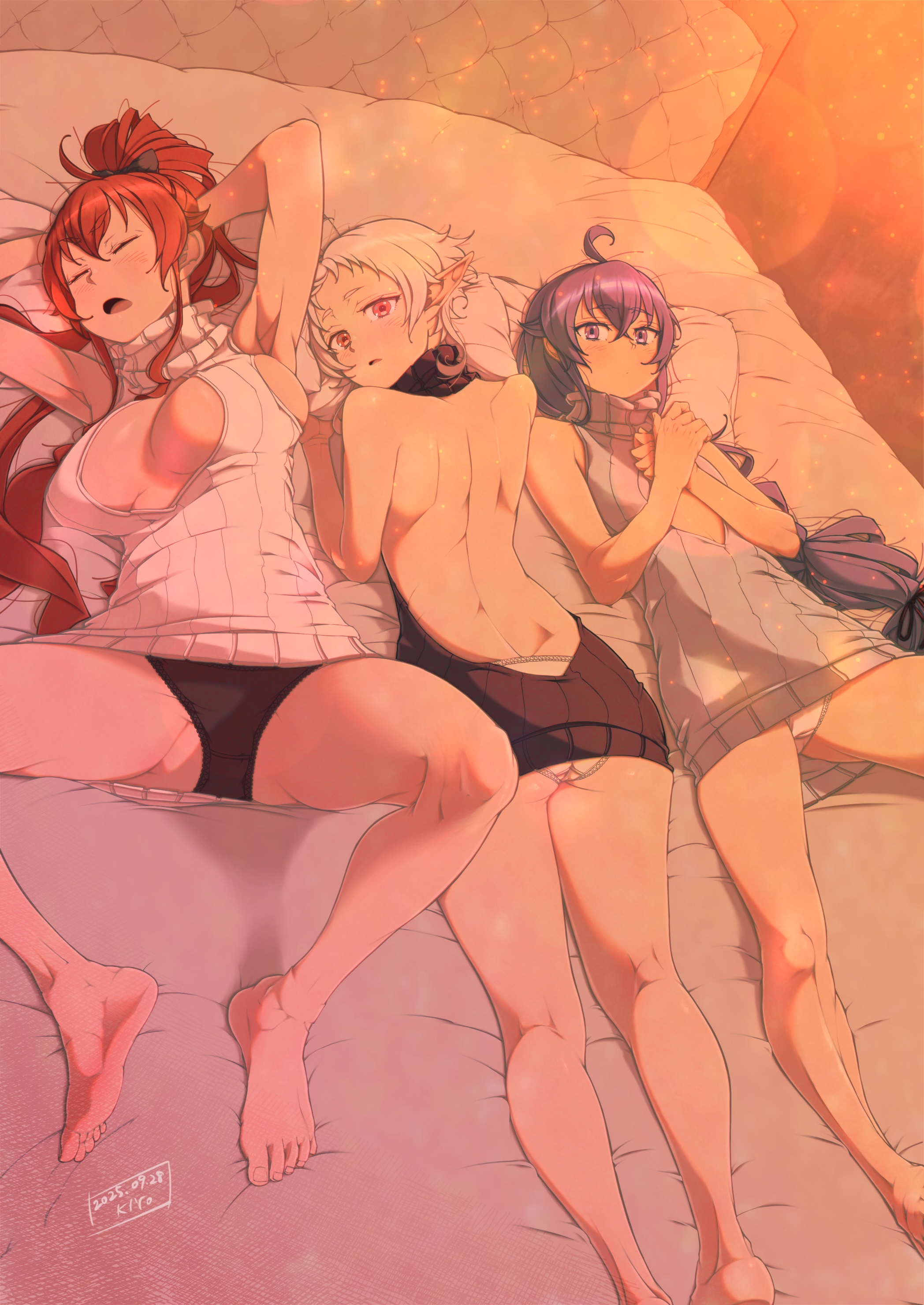 kiyo (a sam ko), eris greyrat, roxy migurdia, sylphiette (mushoku tensei), mushoku tensei, absurdres, highres, 3girls, ahoge, armpits, arms behind head, arms up, artist name, ass, bare back, bare shoulders, barefoot, bed, bed sheet, black panties, black sweater, blue eyes, blue hair, blush, bow, breasts, breasts apart, cleavage cutout, closed eyes, closed mouth, clothing cutout, dated, elf, feet, feet out of frame, gluteal fold, grey sweater, high ponytail, large breasts, legs, light particles, long braid, long hair, looking at viewer, lying, multiple girls, on back, on bed, on stomach, own hands together, panties, pillow, pointy ears, ponytail, red hair, short hair, small breasts, spread legs, sweater, turtleneck, turtleneck sweater, underwear, virgin killer sweater, white hair, white panties, white sweater