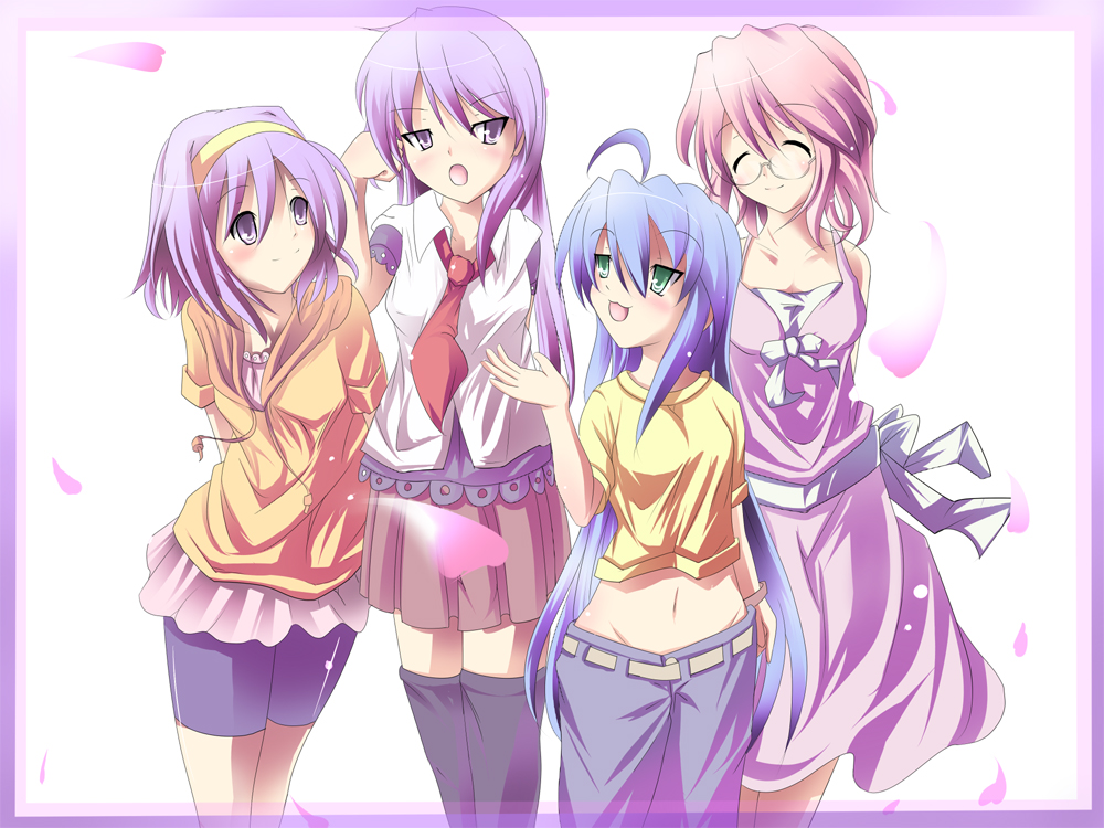 gumitaroo, hiiragi kagami, hiiragi tsukasa, izumi konata, takara miyuki, lucky star, 00s, ahoge, alternate hairstyle, blue hair, casual, glasses, green eyes, long hair, lowleg, lowleg pants, midriff, pants, pink hair, purple hair, short hair, skirt, thighhighs, zettai ryouiki