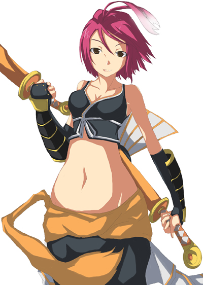 alkaid (.hack//), .hack//, .hack//g.u., .hack//games, bandai, cyber connect 2, 00s, 1girl, antenna hair, black eyes, bridal gauntlets, camisole, crop top, dual wielding, female focus, holding, midriff, pink hair, short hair, smile, solo, sword, weapon