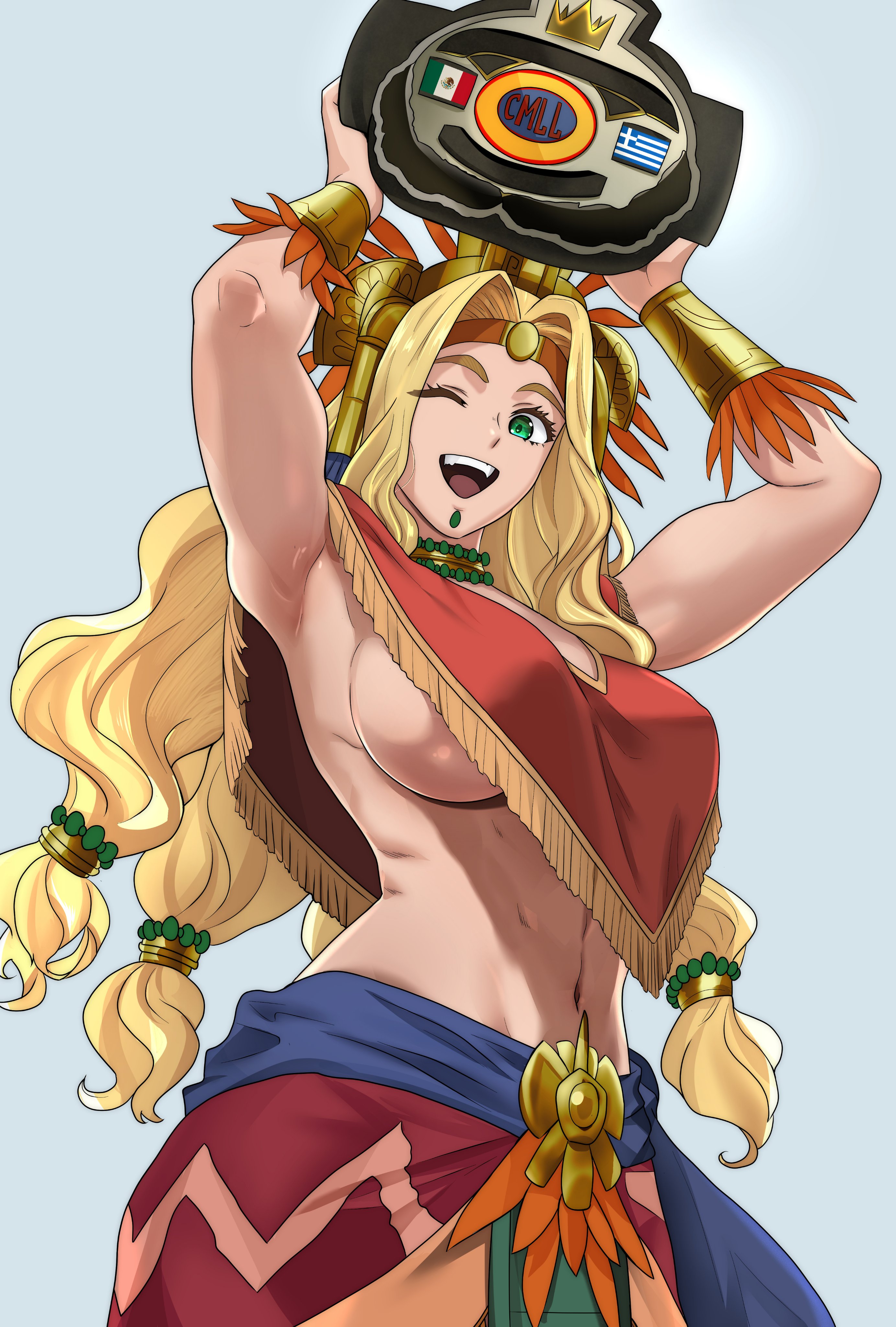 oldmanjenkins84, quetzalcoatl (fate), consejo mundial de lucha libre, fate/grand order, fate (series), absurdres, highres, 1girl, arms up, aztec, belt, blonde hair, blue background, blue sash, bracer, breasts, championship belt, chin piercing, choker, curtained hair, face piercing, fringe trim, gold bracer, gold choker, greek flag, green eyes, hair tubes, headband, headdress, holding, holding above head, labret piercing, large breasts, long hair, looking at viewer, low-tied long hair, mexican flag, navel, one eye closed, open mouth, pelvic curtain, piercing, poncho, sash, sideboob, simple background, smile, solo, standing, stomach, teeth, upper body, upper teeth only, very long hair