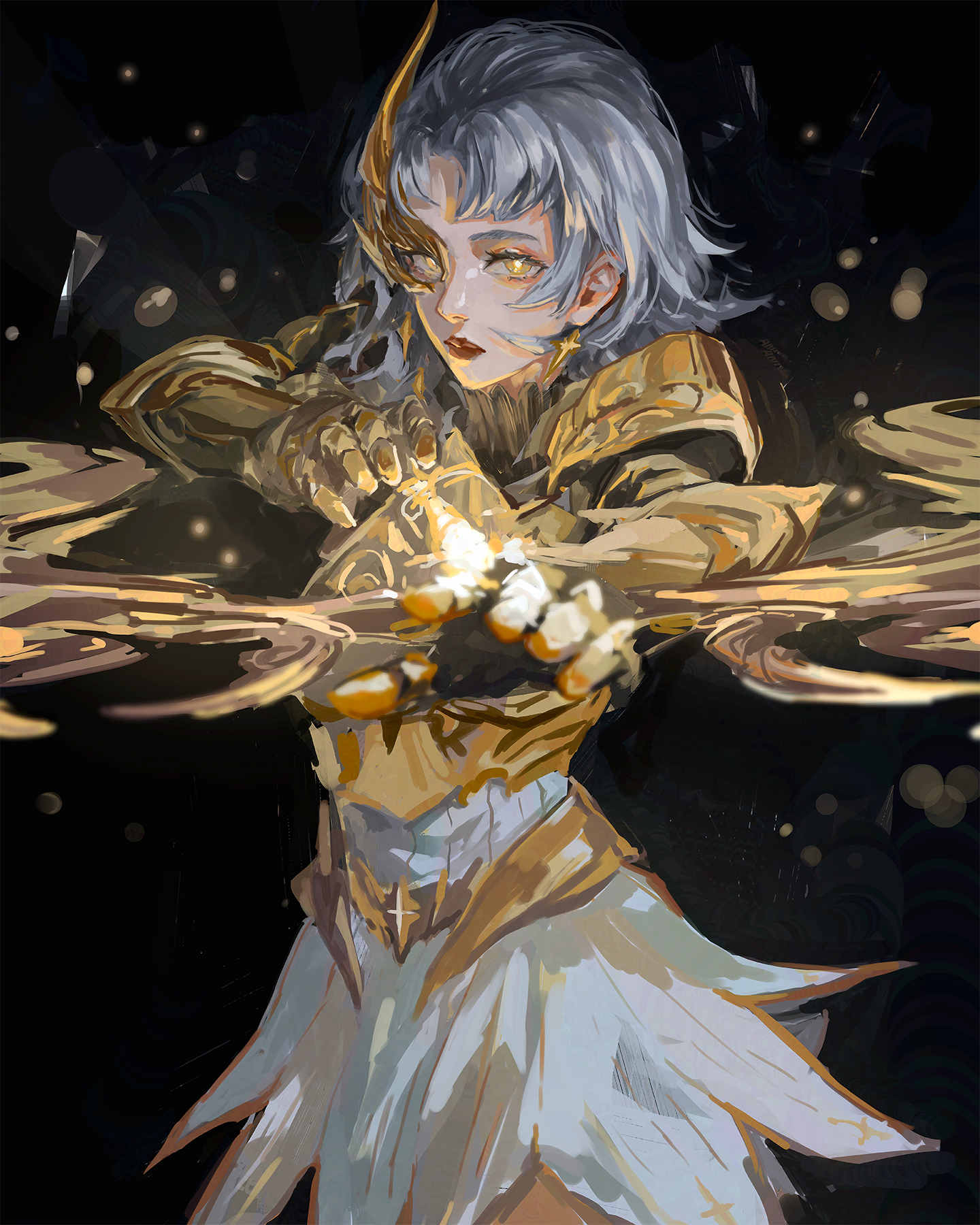 pluvium grandis, afk (series), afk journey, highres, aliceth (afk), armor, black background, bow, expressionless, looking at viewer, pauldrons, realistic, short hair, shoulder armor, skirt, white hair, yellow eyes