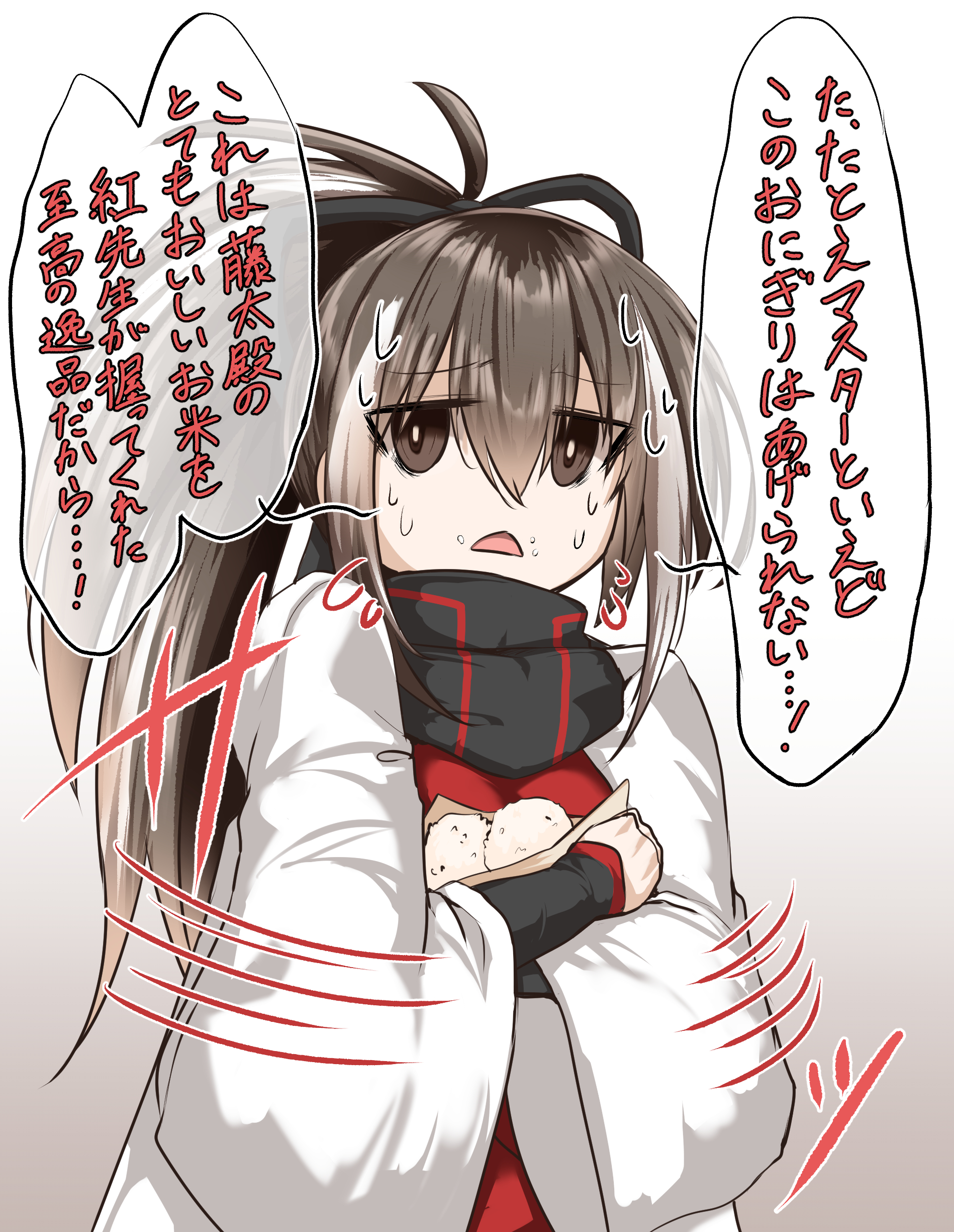 tgxx3300, kawakami gensai (fate), fate/grand order, fate (series), absurdres, highres, translated, 1girl, black eyes, black hair, black scarf, breasts, food, japanese clothes, long hair, looking at viewer, multicolored hair, nervous sweating, onigiri, ponytail, scarf, solo, speech bubble, sweat, white hair