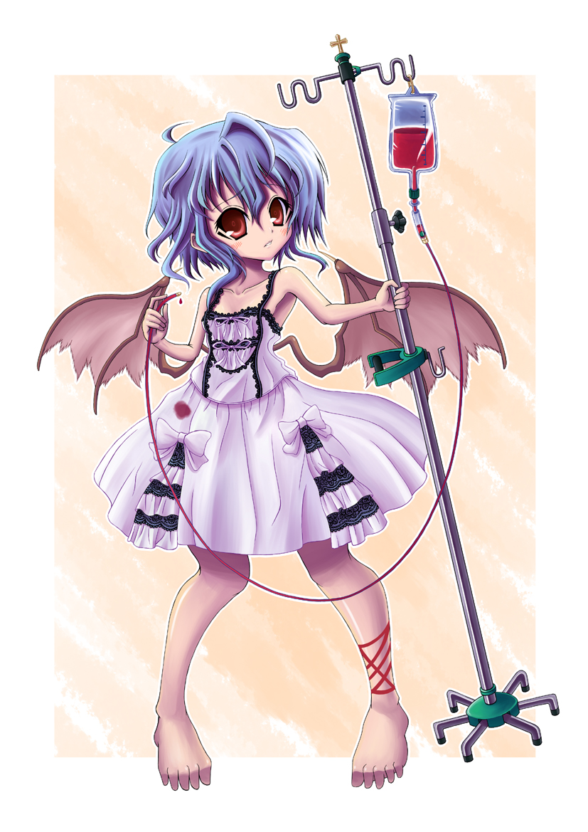 subarist (pixiv), yasuzumi haruto, remilia scarlet, touhou, bad id, bad pixiv id, 1girl, armpits, bad anatomy, bad feet, barefoot, blood, blue hair, feet, female focus, intravenous drip, poorly drawn, short hair, solo