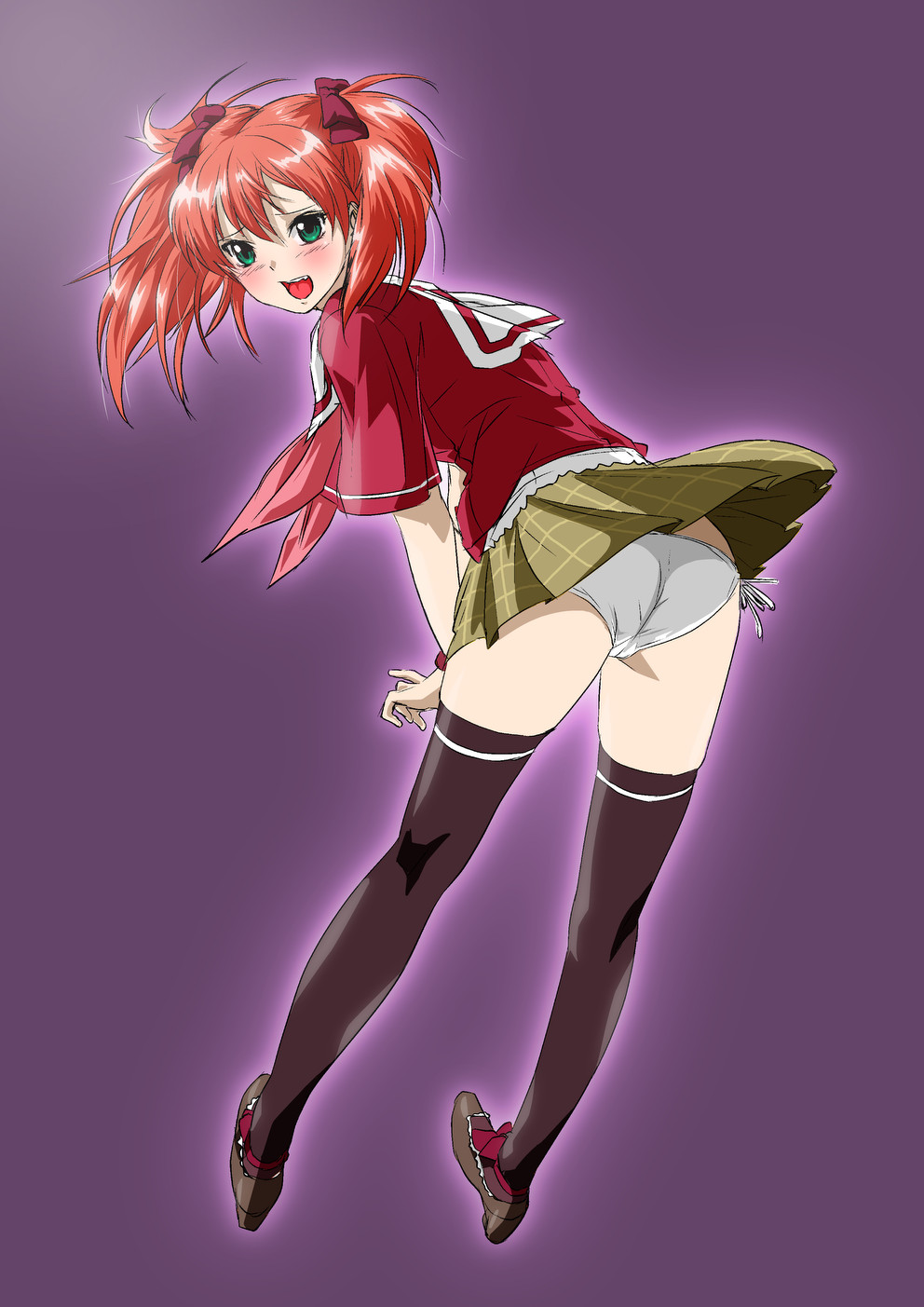 kamoroosaazu, shuzen kokoa, rosario+vampire, highres, 00s, 1girl, ass, blush, fang, fangs, female focus, green eyes, legs, panties, pantyshot, plaid clothes, plaid skirt, red hair, school uniform, serafuku, side-tie panties, skirt, solo, thighhighs, twintails, underwear, white panties, zettai ryouiki
