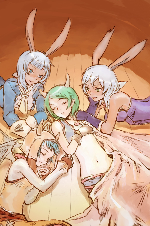 kno, kno (anahita), aluette, gria, lili (ffta2), lovely voice, mayhew, prima donna, valentyne, final fantasy, final fantasy tactics a2, final fantasy tactics advance, silver hair, bad id, bad pixiv id, 4girls, animal ears, bare shoulders, blanket, blue eyes, blue hair, closed eyes, dark-skinned female, dark skin, dragon girl, dragon horns, dragon tail, gloves, green eyes, green hair, heart, helmet, horns, jacket, long hair, lying, midriff, monster girl, multiple girls, navel, open mouth, pointy ears, rabbit ears, short hair, sleeping, smile, tail, vest, viera, wings