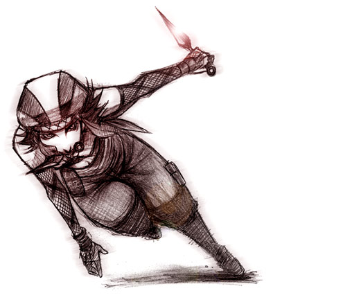 ezaki, kunoichi (sengoku musou), sengoku musou, lowres, 1girl, colored skin, female focus, hat, holding, holding weapon, kunai, looking at viewer, running, simple background, solo, spiked hair, weapon, white background, white skin
