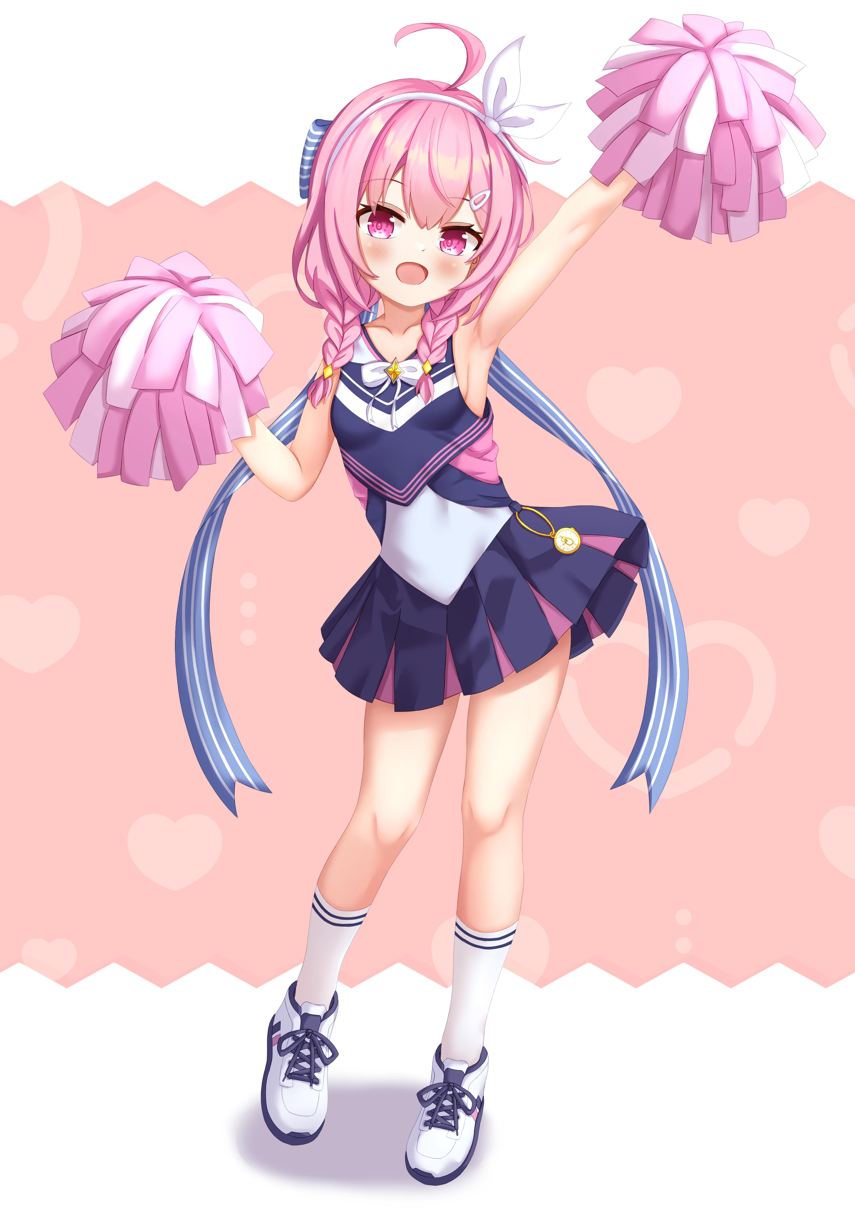 uro30, absurdres, chinese commentary, commentary request, highres, 1girl, ahoge, arm up, armpits, bare arms, blue ribbon, blue shirt, blue skirt, blush, bow, bow hairband, bowtie, braid, breasts, cheerleader, collarbone, diamond hair ornament, full body, hair between eyes, hair ornament, hair over shoulder, hair ribbon, hairband, hairclip, hamartia (yi shijie chaoji zhanzheng), hand up, heart, heart background, holding, holding pom poms, knees, long hair, looking at viewer, multicolored shirt, multicolored skirt, open mouth, pink background, pink eyes, pink hair, pink shirt, pink skirt, pom pom (cheerleading), pom poms, ribbon, shadow, shirt, shoes, skirt, sleeveless, sleeveless shirt, small breasts, smile, sneakers, socks, solo, standing, striped ribbon, twin braids, two-tone background, watch, white background, white bow, white bowtie, white hairband, white shirt, white shoes, white socks, yi shijie chaoji zhanzheng