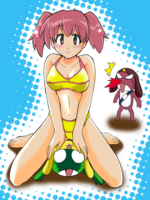 kihara mako, giroro, hinata natsumi, keroro, keroro gunsou, 1girl, 2boys, :d, ^^^, barefoot, bikini, blood, blush, breasts, breasts apart, buckle, cleavage, feet, girl on top, halftone, halftone background, hand on another's head, hat, large breasts, light smile, looking at viewer, multiple boys, navel, no pupils, nosebleed, open mouth, pink hair, red eyes, red hair, scar, shadow, short hair, short twintails, sitting, sitting on person, size difference, smile, star (symbol), straddling, surprised, swimsuit, twintails, v arms, yellow bikini