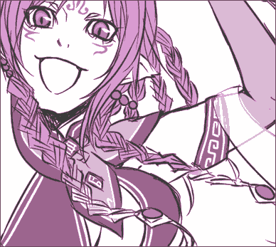 ezaki, da ji, musou orochi, lowres, 1girl, armpits, braid, breasts, cleavage, elbow gloves, female focus, gloves, large breasts, looking at viewer, monochrome, multiple braids, purple theme, shoulder pads, simple background, solo, white background