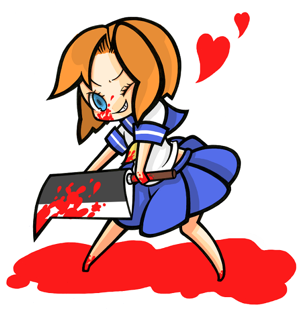 takase, takase (deskloo), ryuuguu rena, higurashi no naku koro ni, 00s, billhook, blood, blue eyes, chibi, grin, hashitsuki nata, hatchet, nata (tool), orange hair, school uniform, serafuku, smile, solo, yandere