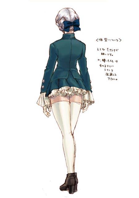 alice elliot, shadow hearts, french braid, silver hair, official art, 1girl, blue bow, boots, bow, braid, facing away, female focus, frilled skirt, frilled sleeves, frills, from behind, full body, gloves, hair bow, high heels, long sleeves, shoes, skirt, solo, standing, thighhighs, white gloves, white thighhighs, zettai ryouiki