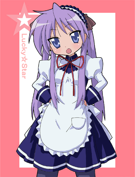 heppoko r, hiiragi kagami, lucky star, suzumiya haruhi no yuuutsu, bad id, bad pixiv id, alternate costume, blue eyes, enmaided, long hair, maid, pantyhose, parody, purple hair, solo, twintails, waitress