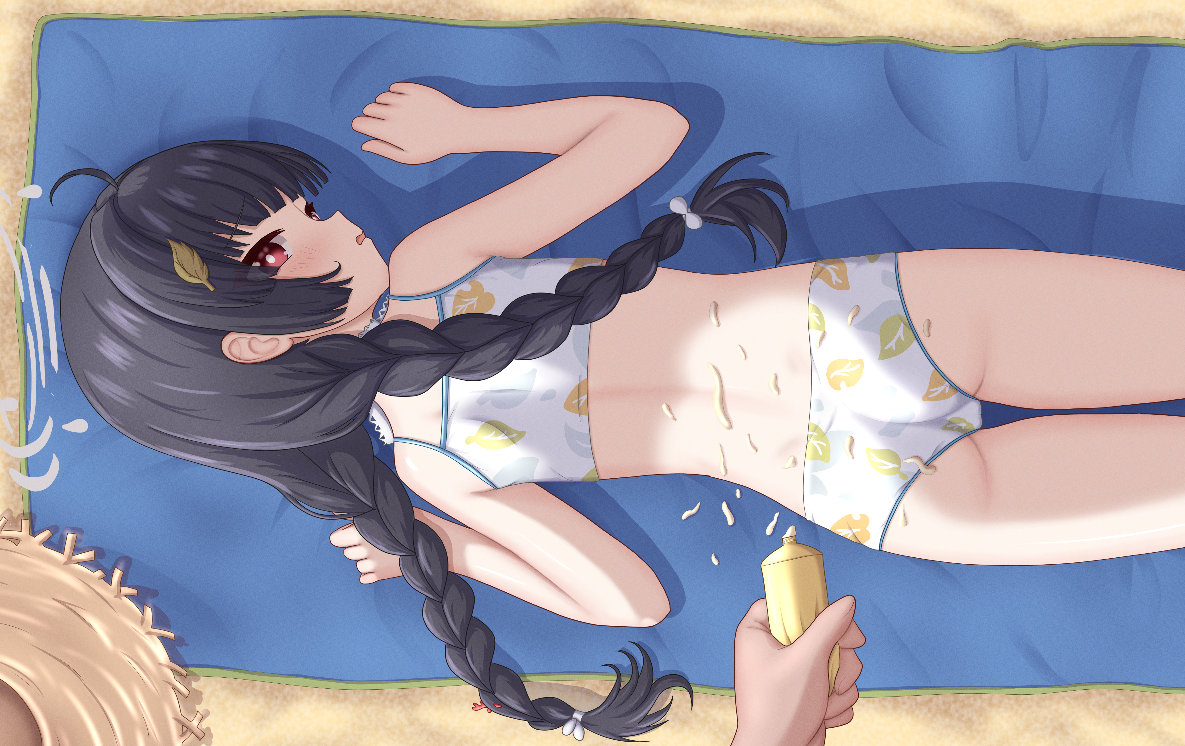 azunyart, miyu (blue archive), miyu (swimsuit) (blue archive), sensei (blue archive), blue archive, absurdres, highres, 1boy, 1girl, ass, beach towel, bikini, black hair, braid, hat, holding sunscreen, long hair, low twin braids, lying, official alternate costume, official alternate hairstyle, on stomach, red eyes, sand, solo focus, straw hat, swimsuit, towel, twin braids, white bikini