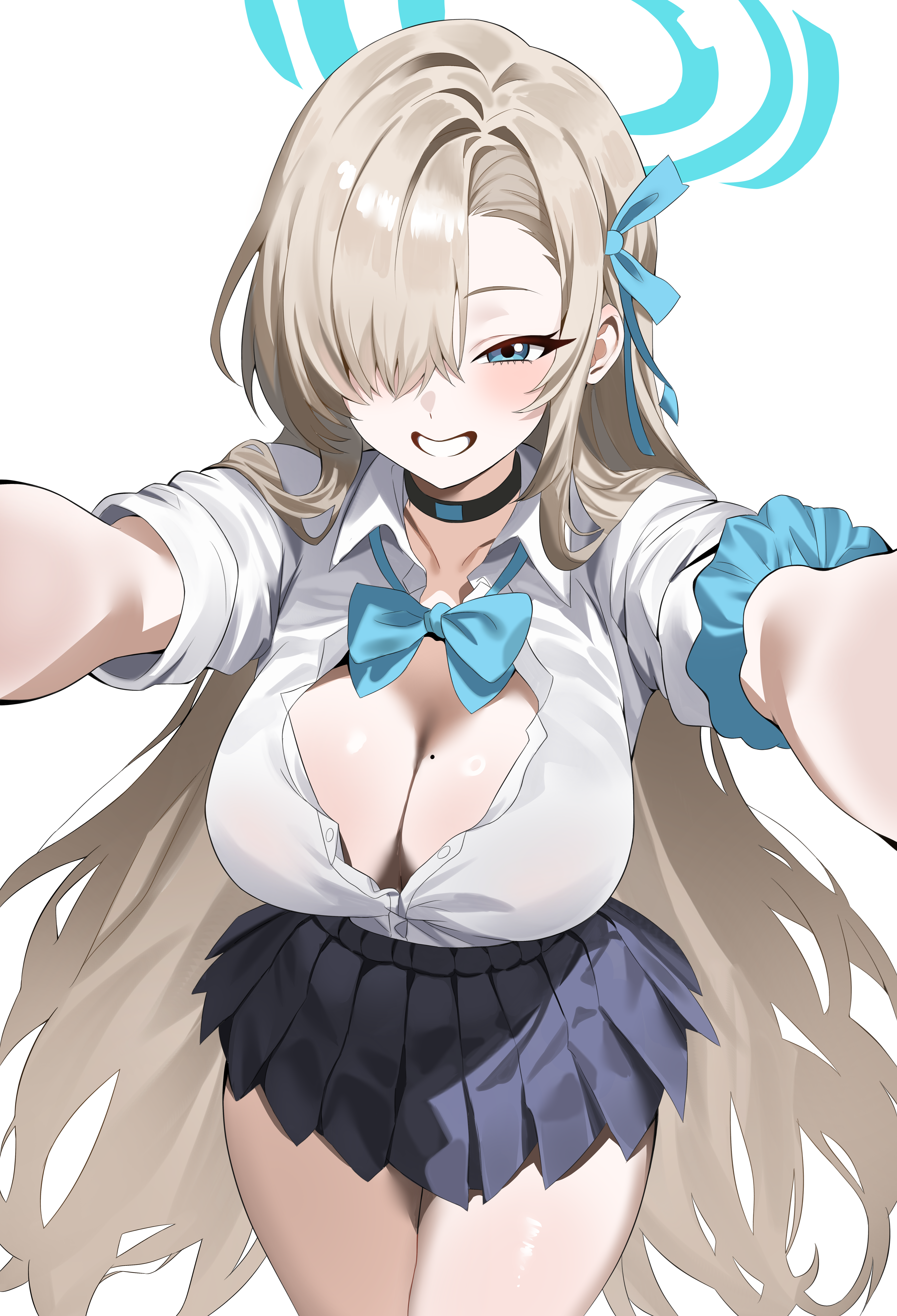 asuna (blue archive), blue archive, absurdres, highres, 1girl, black choker, black skirt, blonde hair, blue bow, blue bowtie, blue ribbon, bow, bowtie, breasts, choker, cleavage, collared shirt, grin, hair over one eye, hair ribbon, kekehaimahima, large breasts, long hair, looking at viewer, miniskirt, mole, mole on breast, pleated skirt, ribbon, school uniform, shirt, skirt, smile, solo, teeth, very long hair, white shirt