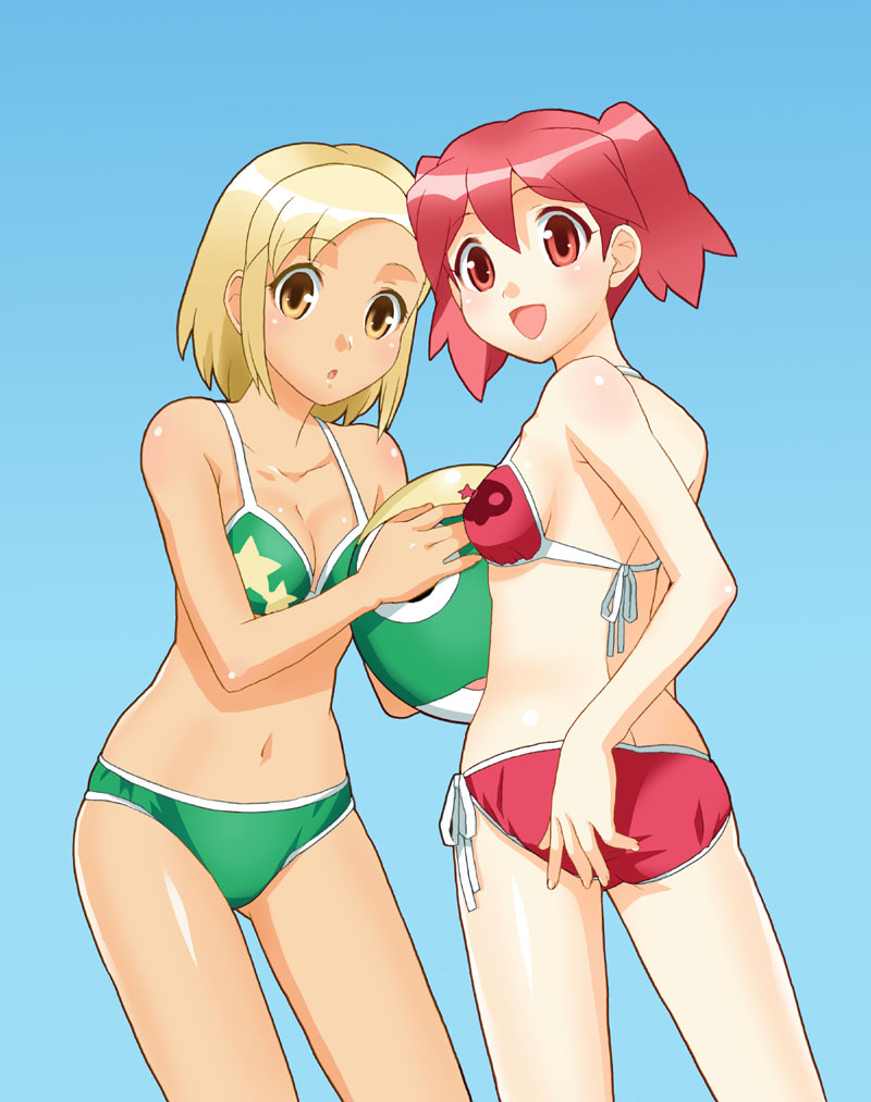mattaku mousuke, angol mois, hinata natsumi, keroro gunsou, bad id, bad pixiv id, 2girls, ass, bikini, blonde hair, multiple girls, red eyes, red hair, short hair, side-tie bikini bottom, swimsuit, twintails, yellow eyes