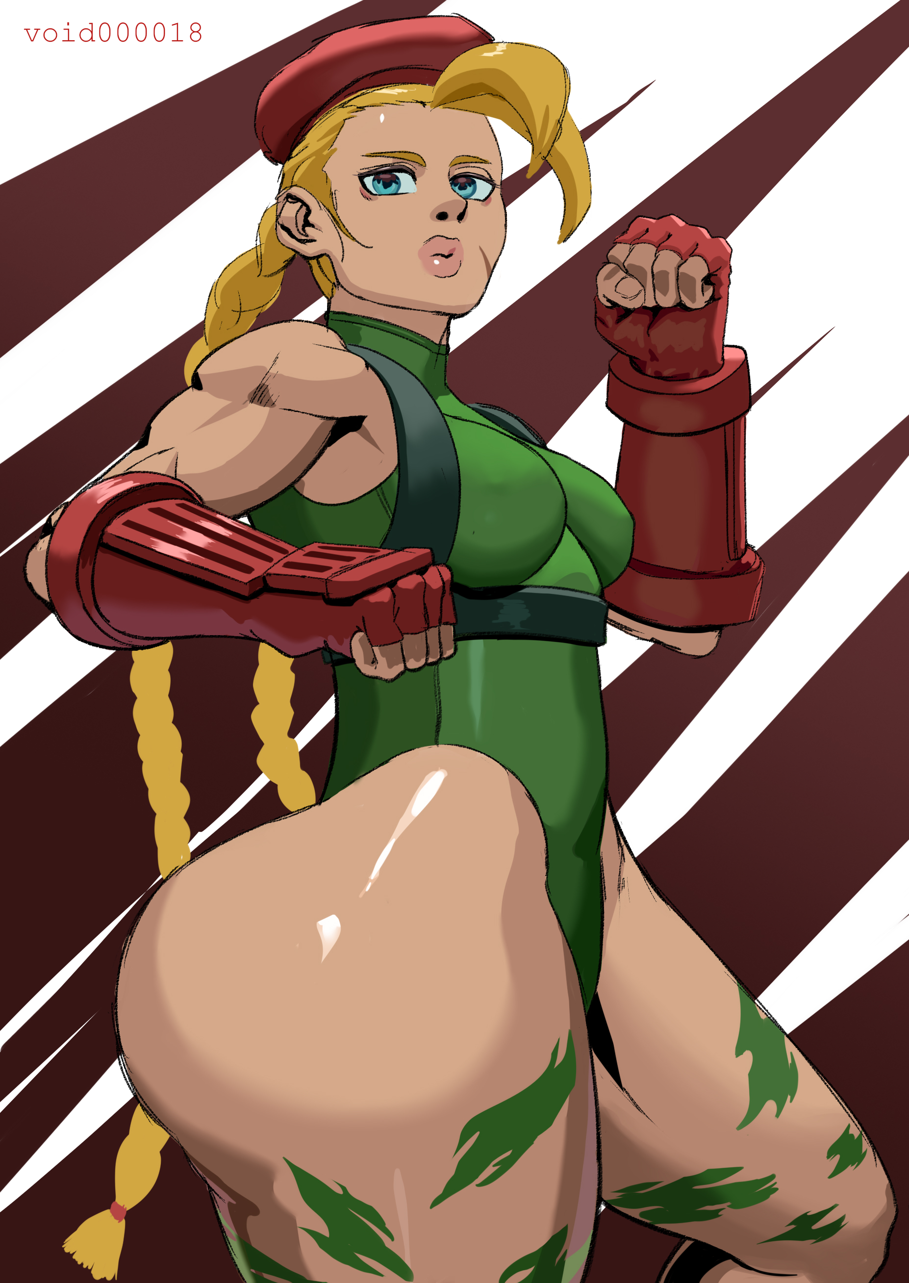 void000018, cammy white, street fighter, highres, 1girl, :>, artist name, ass, bare legs, bare shoulders, beanie, beret, blonde hair, blue eyes, bodypaint, braid, breasts, clenched hands, curvy, fighting stance, fingerless gloves, fingernails, gloves, green leotard, hat, highleg, highleg leotard, huge ass, leotard, long hair, looking at viewer, parted lips, simple background, solo, standing, thick thighs, thighs, twin braids, two-tone background, wide hips