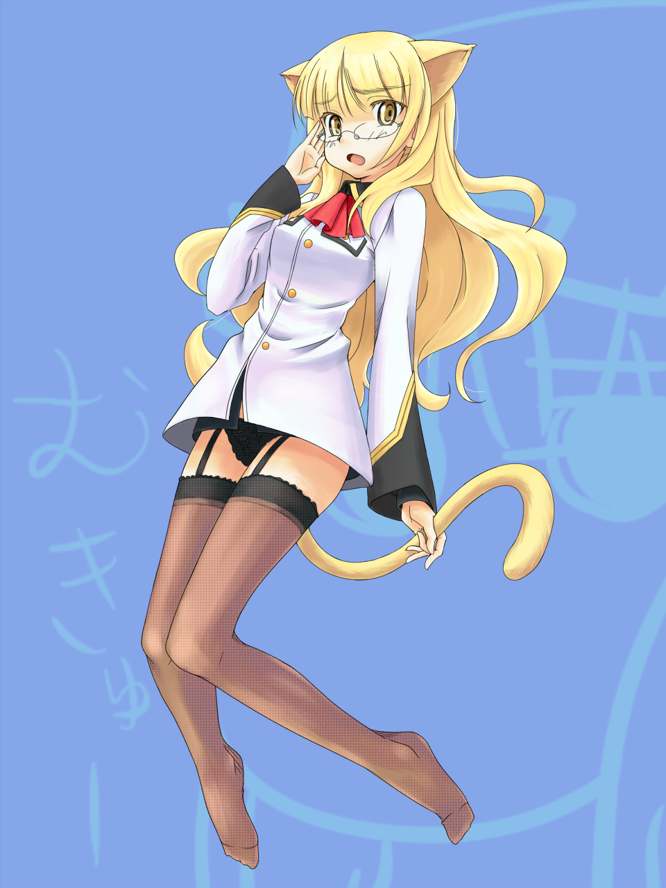 murasaki kuriya, perrine h. clostermann, strike witches, world witches series, bad id, bad pixiv id, highres, 00s, 1girl, animal ears, black panties, blonde hair, blouse, brown thighhighs, cat ears, cat tail, female focus, garter straps, glasses, grabbing own tail, long hair, no pants, panties, shirt, solo, tail, thighhighs, underwear, white shirt, yellow eyes