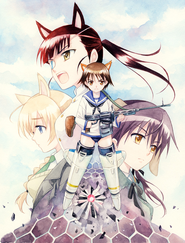 agahari, gertrud barkhorn, lynette bishop, miyafuji yoshika, neuroi, sakamoto mio, strike witches, world witches series, 00s, 4girls, animal ears, black hair, blonde hair, blue eyes, brown eyes, brown hair, cat ears, drum magazine, eyepatch, long hair, magazine (weapon), multiple girls, ponytail, short hair, striker unit, yellow eyes