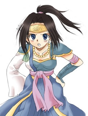 happypink, kanzaki miyuki (happypink), inahime, sengoku musou, lowres, 1girl, armor, black hair, blue eyes, breasts, capelet, cleavage, collarbone, earrings, female focus, hands on own hips, jewelry, looking at viewer, necklace, pearl necklace, ponytail, simple background, solo, white background