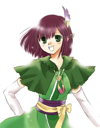 happypink, kanzaki miyuki (happypink), hosokawa gracia, sengoku musou, sengoku musou 2, lowres, 1girl, :d, capelet, cowboy shot, elbow gloves, female focus, gloves, green eyes, hair ornament, hairpin, looking at viewer, looking back, open mouth, red hair, short hair, simple background, smile, solo, white background, white gloves