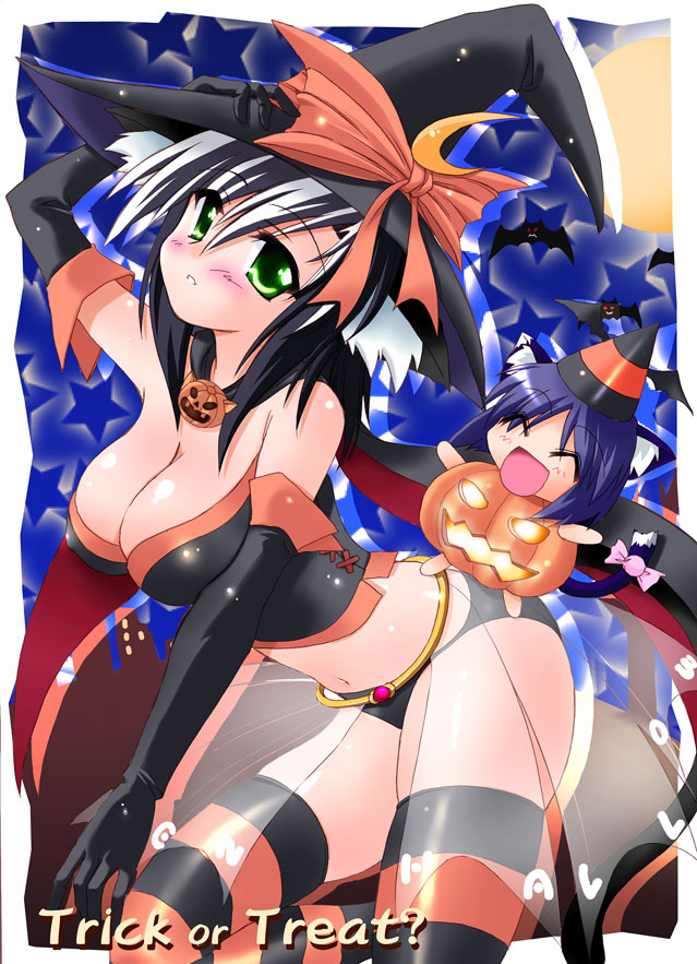 sugina fujitaka, original, striped legwear, 2girls, black hair, blue hair, blush, breasts, cleavage, elbow gloves, gloves, green eyes, halloween, hat, jack-o'-lantern, large breasts, midriff, multiple girls, navel, panties, pumpkin, striped clothes, striped thighhighs, thighhighs, trick or treat, underwear, witch hat