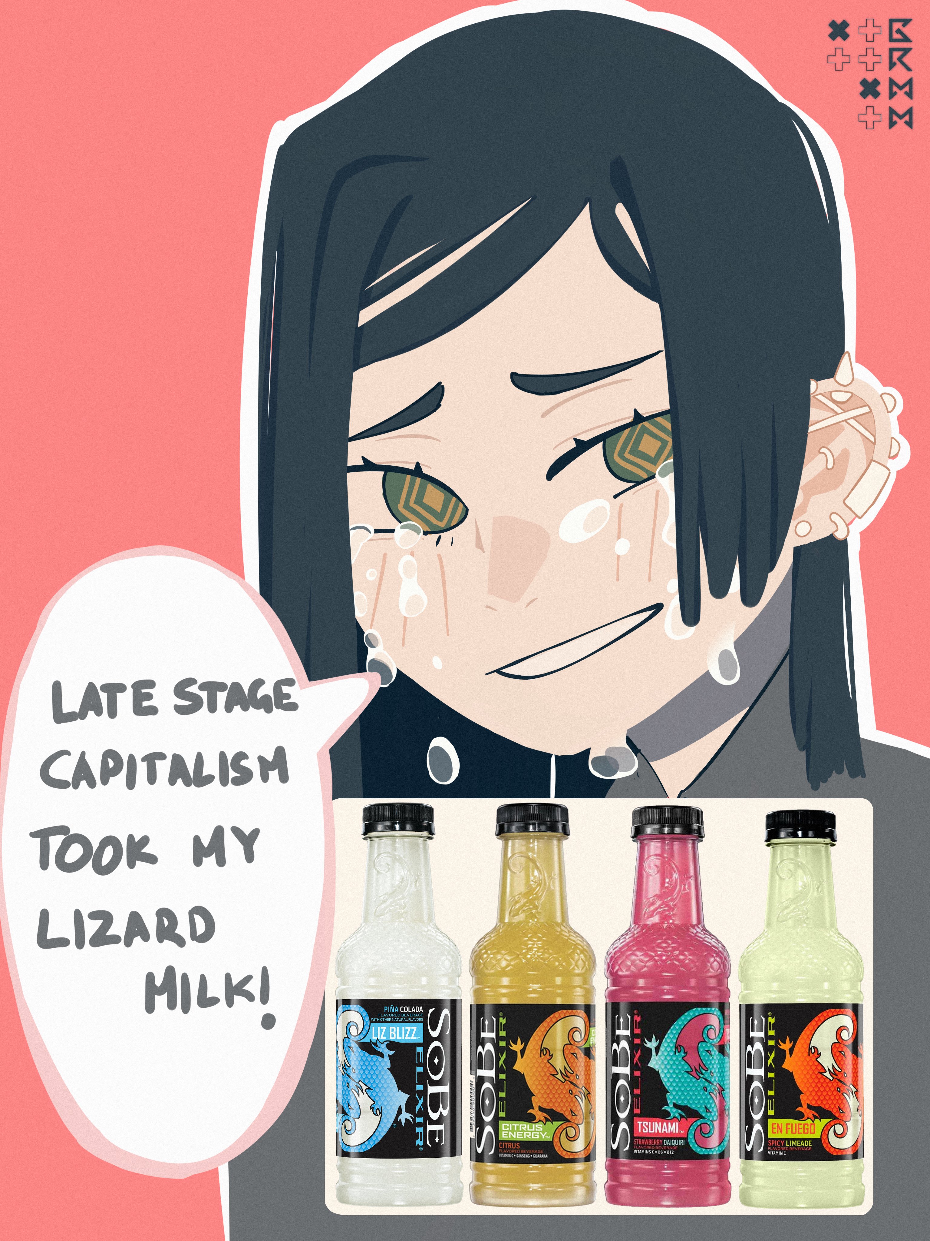grmm, tili (grmm), original, absurdres, commentary, highres, symbol-only commentary, 1girl, black hair, bottle, crying, crying with eyes open, earclip, earrings, english text, grey eyes, grin, inset, jewelry, long hair, looking at viewer, pink background, ringed eyes, smile, sobe (drink), solo, spiked ear piercing, swept bangs, tears, upper body