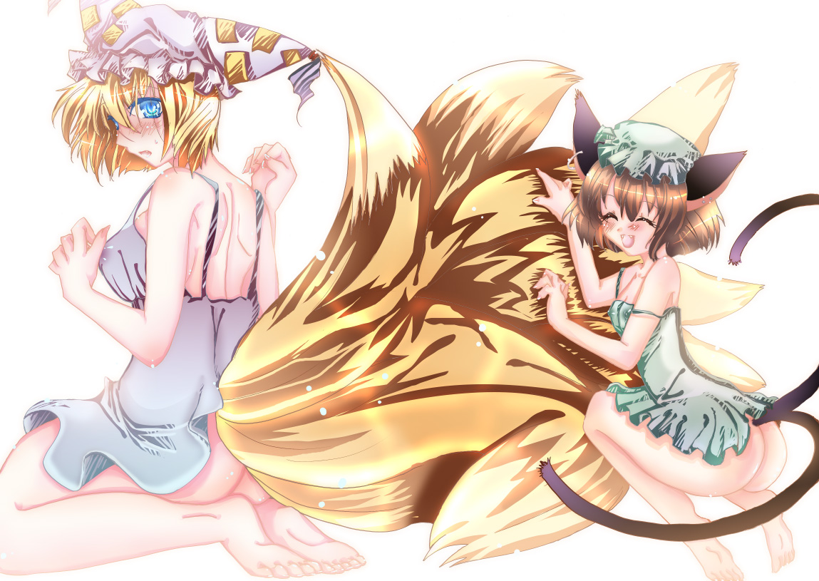 sakayaki (burning soul), chen, yakumo ran, touhou, bad id, bad pixiv id, 2girls, animal ears, ass, barefoot, blonde hair, blue eyes, bottomless, brown hair, cat ears, cat girl, cat tail, earrings, fang, female focus, fox ears, fox tail, hat, jewelry, multiple girls, multiple tails, no panties, see-through clothes, short hair, tail