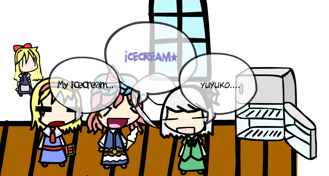 alice margatroid, konpaku youmu, saigyouji yuyuko, shanghai doll, touhou, walfas, 4girls, english text, female focus, hat, indoors, multiple girls, skirt