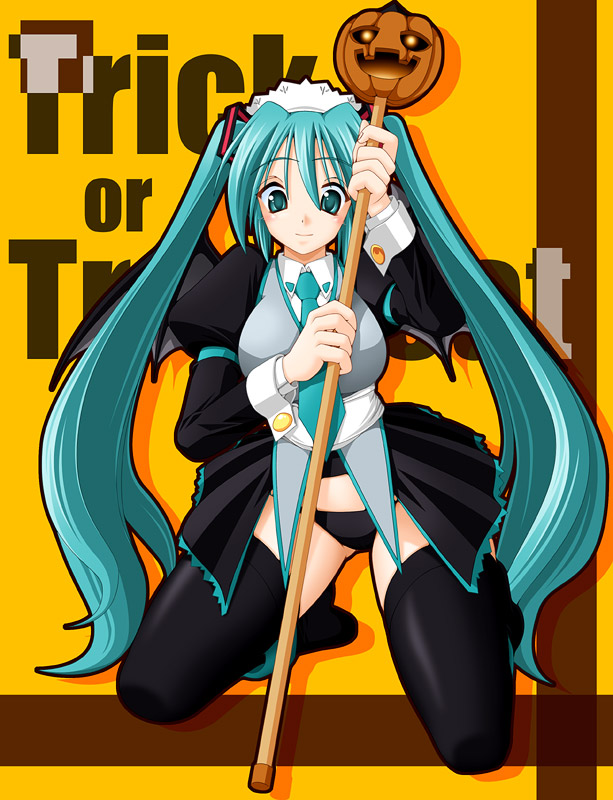 keito, hatsune miku, vocaloid, 1girl, aqua eyes, aqua hair, black panties, cuffs, female focus, halloween, jack-o'-lantern, long hair, necktie, panties, pumpkin, sleeve cuffs, solo, staff, thighhighs, trick or treat, twintails, underwear