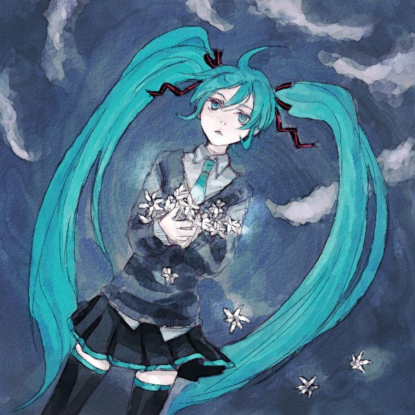kno, kno (anahita), hatsune miku, vocaloid, bad id, bad pixiv id, aqua eyes, aqua hair, cloud, flower, long hair, necktie, open mouth, ribbon, skirt, sky, solo, sweater, thighhighs, twintails, very long hair, zettai ryouiki