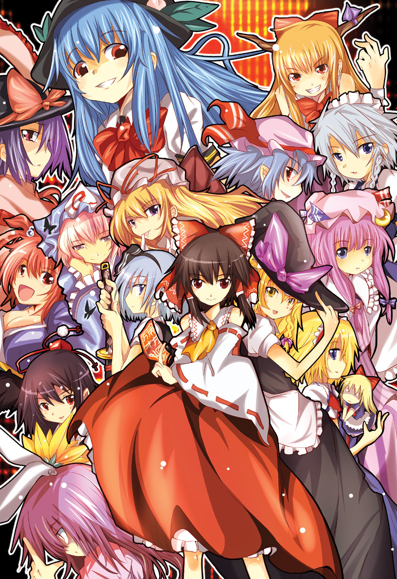 maturiuta sorato, alice margatroid, hakurei reimu, hinanawi tenshi, ibuki suika, izayoi sakuya, kirisame marisa, konpaku youmu, nagae iku, onozuka komachi, patchouli knowledge, reisen udongein inaba, remilia scarlet, saigyouji yuyuko, shameimaru aya, shanghai doll, yakumo yukari, scarlet weather rhapsody, touhou, 6+girls, blonde hair, everyone, female focus, hat, multiple girls
