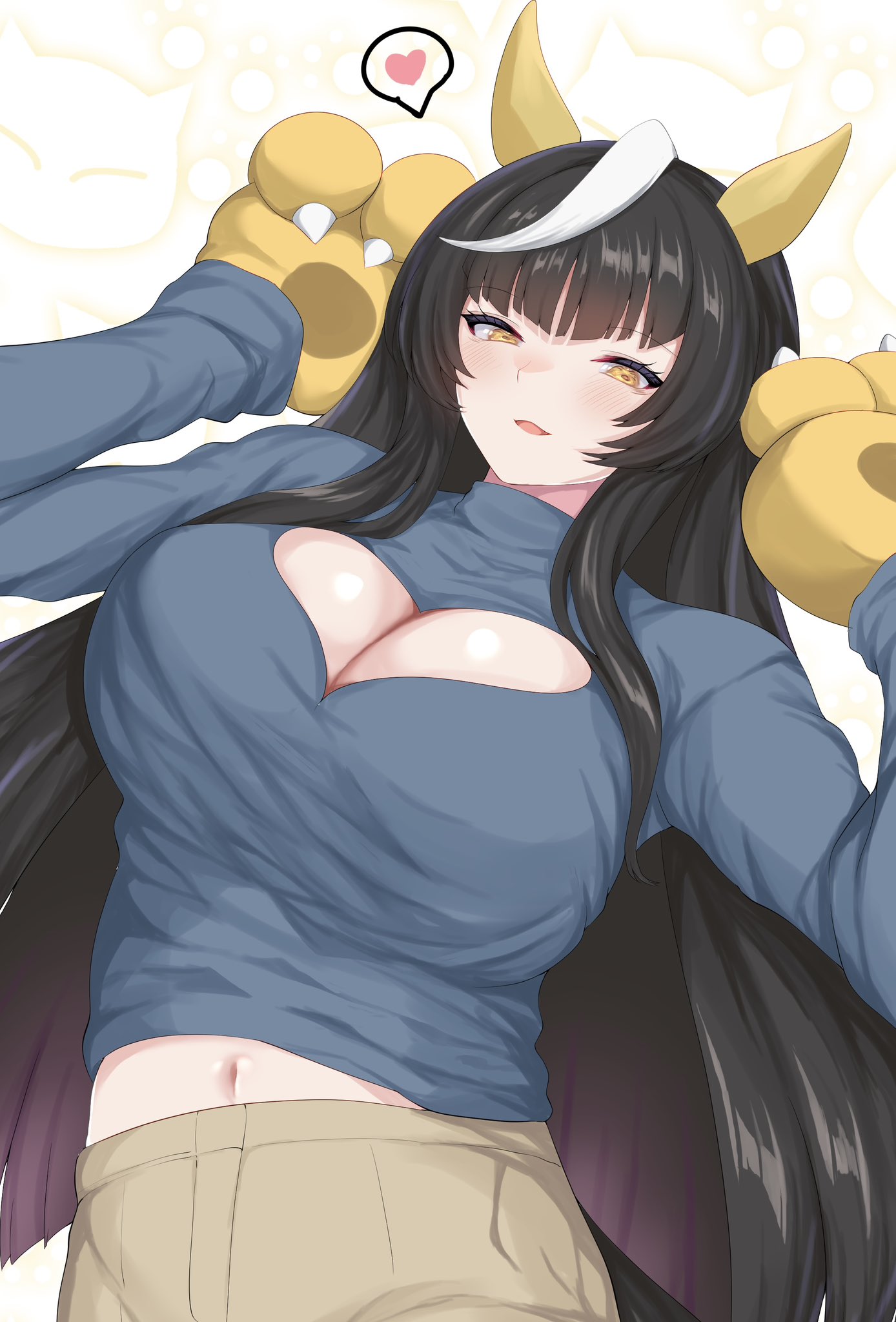 hisagi (hisagi00), calstone light o (umamusume), umamusume, commentary request, highres, 1girl, animal hands, black hair, blue shirt, blush, breasts, brown pants, cleavage, cleavage cutout, clothing cutout, cowboy shot, gloves, heart, heart cutout, horse girl, large breasts, long hair, long sleeves, looking at viewer, navel, open mouth, pants, paw gloves, shirt, smile, solo, spoken heart, very long hair, white background