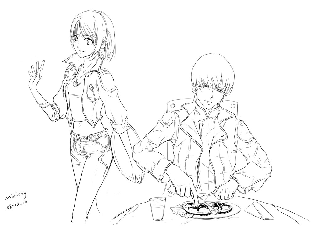 char, mimicry (mmc), fan hulic, lira florenz, tytania, 1boy, 1girl, denim, food, greyscale, jeans, long sleeves, midriff, monochrome, pants, short hair, simple background, table, walking, white background