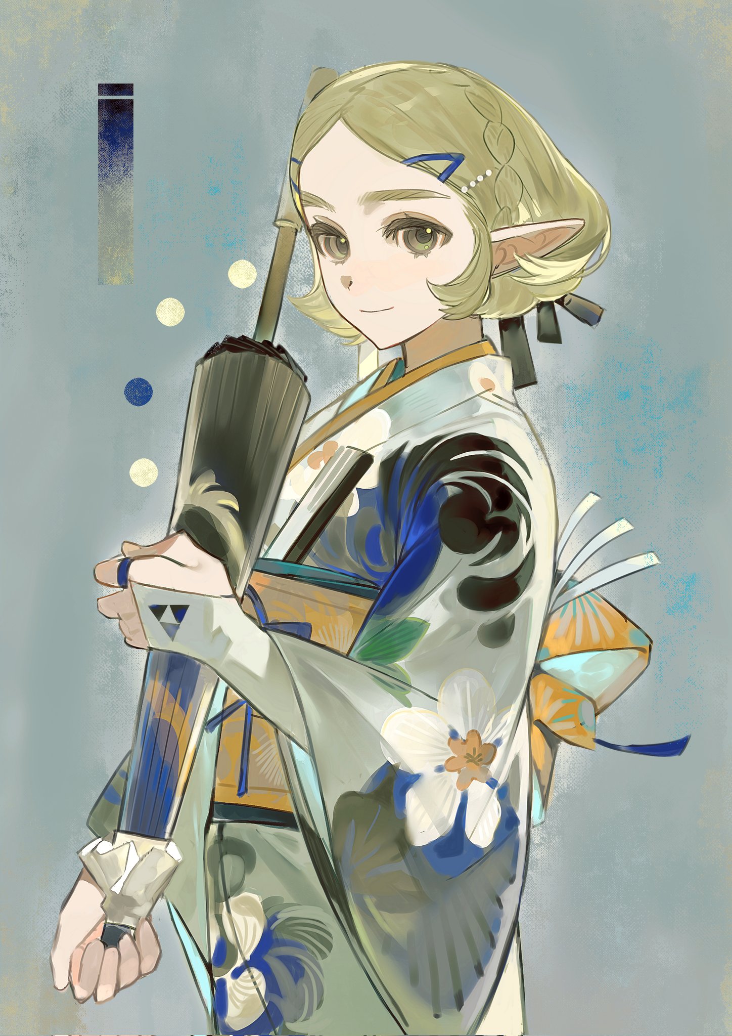 beetin217, princess zelda, nintendo, the legend of zelda, the legend of zelda: breath of the wild, the legend of zelda: tears of the kingdom, highres, 1girl, braid, bridal gauntlets, closed mouth, cowboy shot, crown braid, floral print, floral print kimono, grey background, hair ornament, hairclip, holding, holding umbrella, japanese clothes, jewelry, kimono, light smile, parted bangs, pointy ears, print kimono, ring, short hair, sidelocks, solo, umbrella