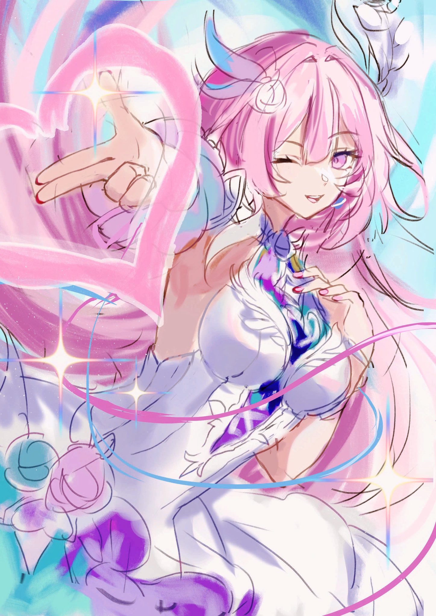 xnoahru, cyrene (honkai: star rail), cyrene (ripples of past reverie) (honkai: star rail), honkai: star rail, honkai (series), commentary, highres, unfinished, 1girl, ;), breasts, dress, flower, hair flower, hair ornament, halo, heart, large breasts, long hair, looking at viewer, one eye closed, pink hair, purple eyes, smile, solo, very long hair, white dress