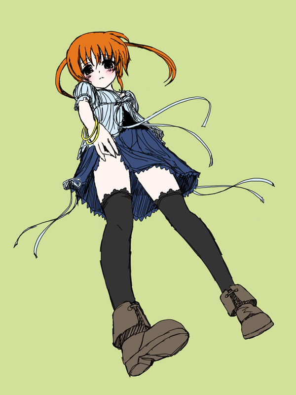 frapowa, takamachi nanoha, lyrical nanoha, mahou shoujo lyrical nanoha, 00s, clothes lift, skirt, skirt lift, solo, thighhighs