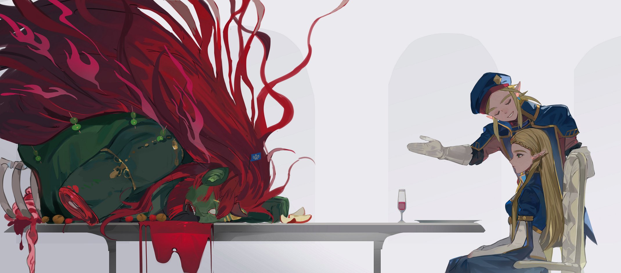 beetin217, ganondorf, link, princess zelda, nintendo, the legend of zelda, the legend of zelda: breath of the wild, gold armlet, highres, 1girl, 2boys, amputee, beret, blonde hair, blood, blue dress, blue hat, breasts, chain, closed eyes, colored skin, crown, cup, death, dress, drinking glass, earrings, gesture, gloves, gold trim, green skin, hat, jewelry, long hair, medium breasts, medium hair, military hat, military uniform, multiple boys, official alternate costume, parted lips, pointy ears, red hair, royal guard set (zelda), sitting, smile, spinal cord, very long hair, white gloves, wine glass