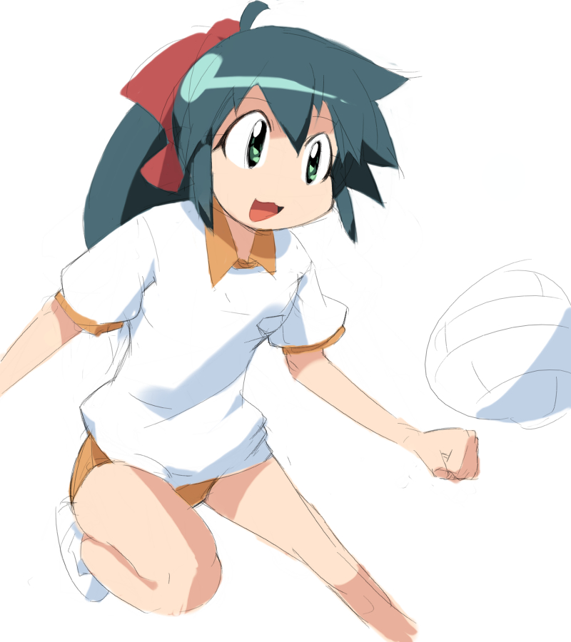 obomugera, azumaya koyuki, keroro gunsou, bad id, bad pixiv id, ball, bow, buruma, gym uniform, hair bow, orange buruma, ponytail, solo, volleyball, volleyball (object)