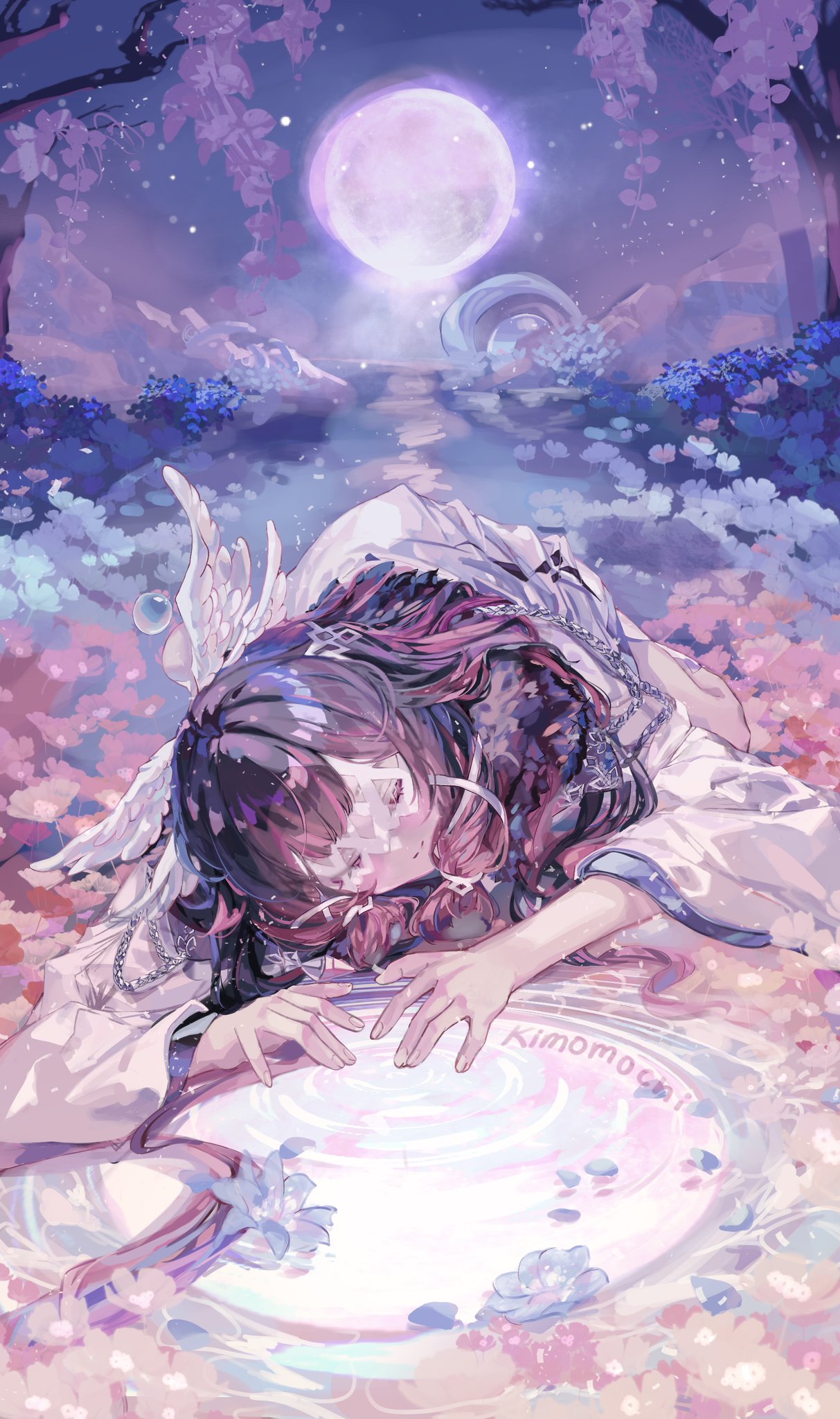 columbina (genshin impact), genshin impact, highres, 1girl, angel, angel wings, blunt bangs, blush, dress, eye mask, feathered wings, kimomochia, long hair, moon, moon background, multicolored hair, outstretched hand, pastel colors, puddle, resting, sleeping, wings