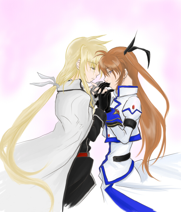fate testarossa, fate testarossa (impulse form), takamachi nanoha, takamachi nanoha (exceed mode), lyrical nanoha, mahou shoujo lyrical nanoha, mahou shoujo lyrical nanoha strikers, 00s, 2girls, blonde hair, brown hair, cape, collared shirt, from side, holding, holding hands, interlocked fingers, long hair, long sleeves, magical girl, multiple girls, ponytail, profile, shirt, twintails, very long hair, white shirt, yuri