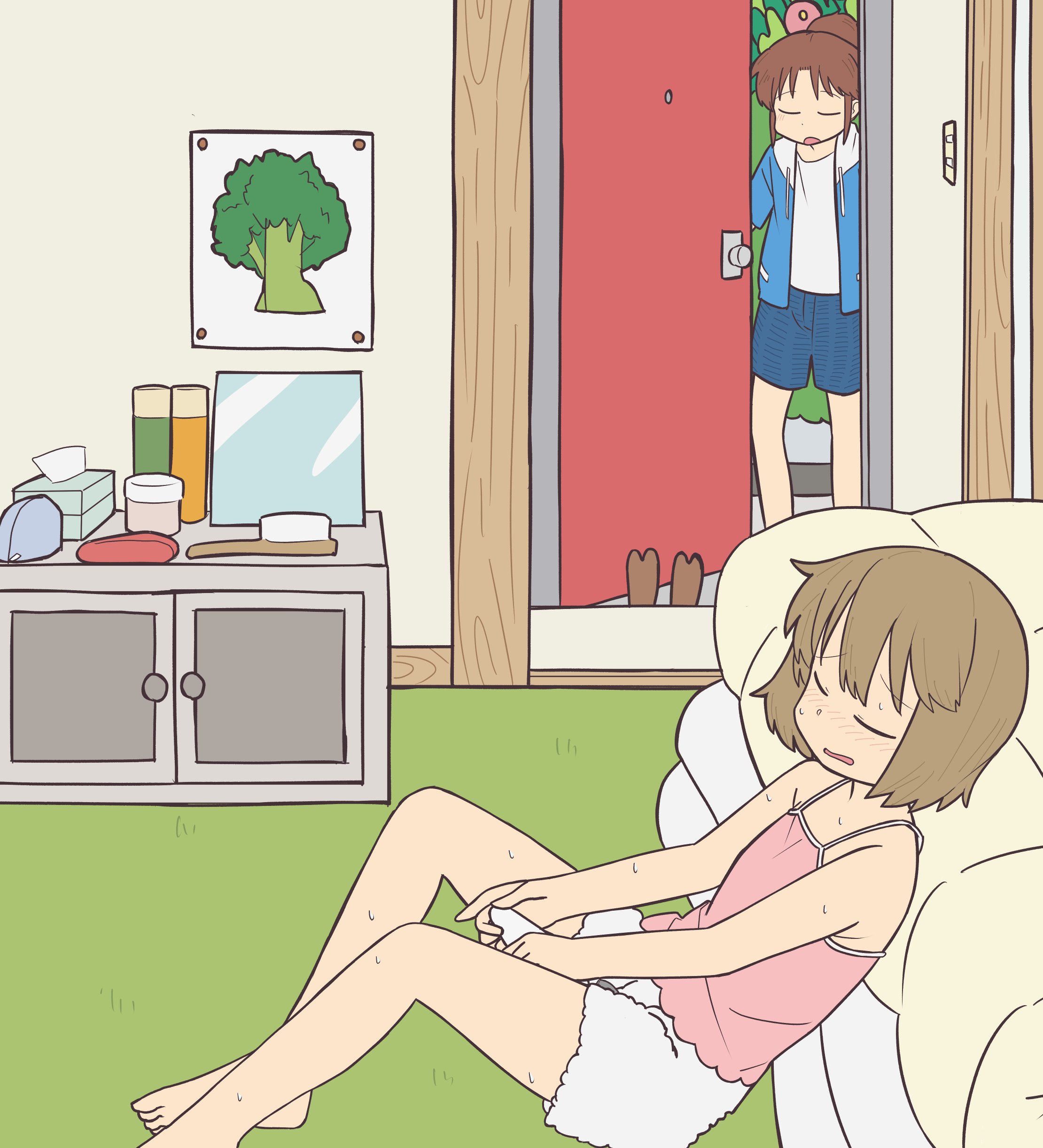 ayumu niikura, nagumo midori, city (arawi keiichi), absurdres, commentary request, highres, 2girls, barefoot, blue hoodie, blue shorts, blush, brown hair, camisole, closed eyes, female masturbation, flat chest, full body, hair brush, hitachi magic wand, hood, hoodie, indoors, masturbation, multiple girls, open clothes, open hoodie, open mouth, pillow, pink camisole, poster (object), sex toy, shirt, short hair, shorts, tissue box, tuitou, vibrator, walk-in, white shirt, white shorts
