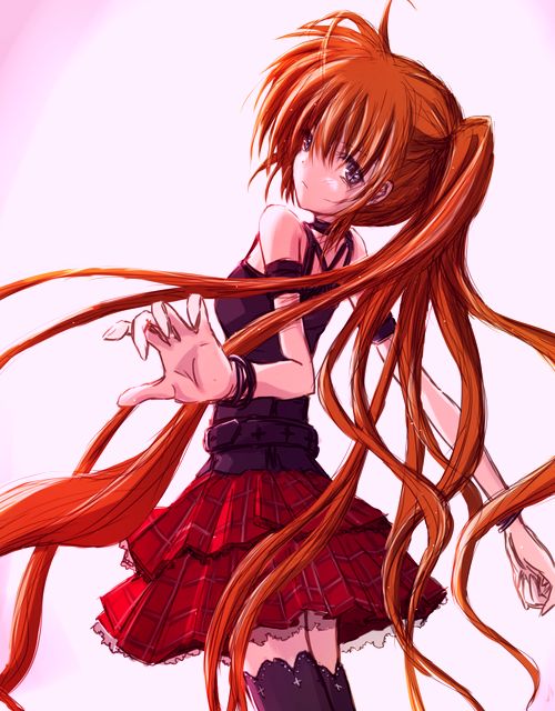 takamachi nanoha, lyrical nanoha, mahou shoujo lyrical nanoha, 00s, 1girl, black thighhighs, dress, female focus, from behind, layered skirt, looking at viewer, looking back, pink background, plaid clothes, plaid skirt, pleated skirt, red dress, red eyes, red hair, simple background, skirt, solo, thighhighs, zettai ryouiki