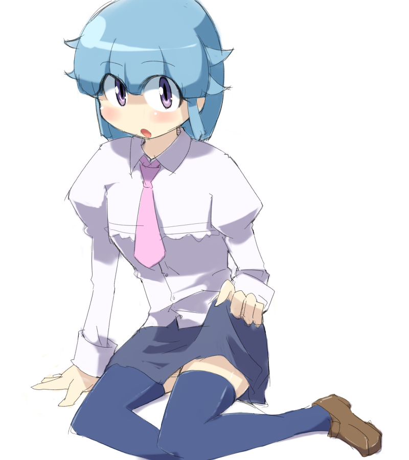 obomugera, nishizawa momoka, keroro gunsou, bad id, bad pixiv id, blouse, blue eyes, blue hair, necktie, shirt, short hair, skirt, solo, thighhighs