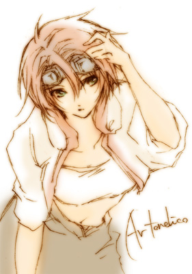 sordino, krusche elendia, ar tonelico, ar tonelico i, gust, lowres, 00s, 1girl, arm up, breasts, brown eyes, cleavage, collarbone, female focus, looking at viewer, navel, pink hair, sidelocks, simple background, solo, stomach, white background