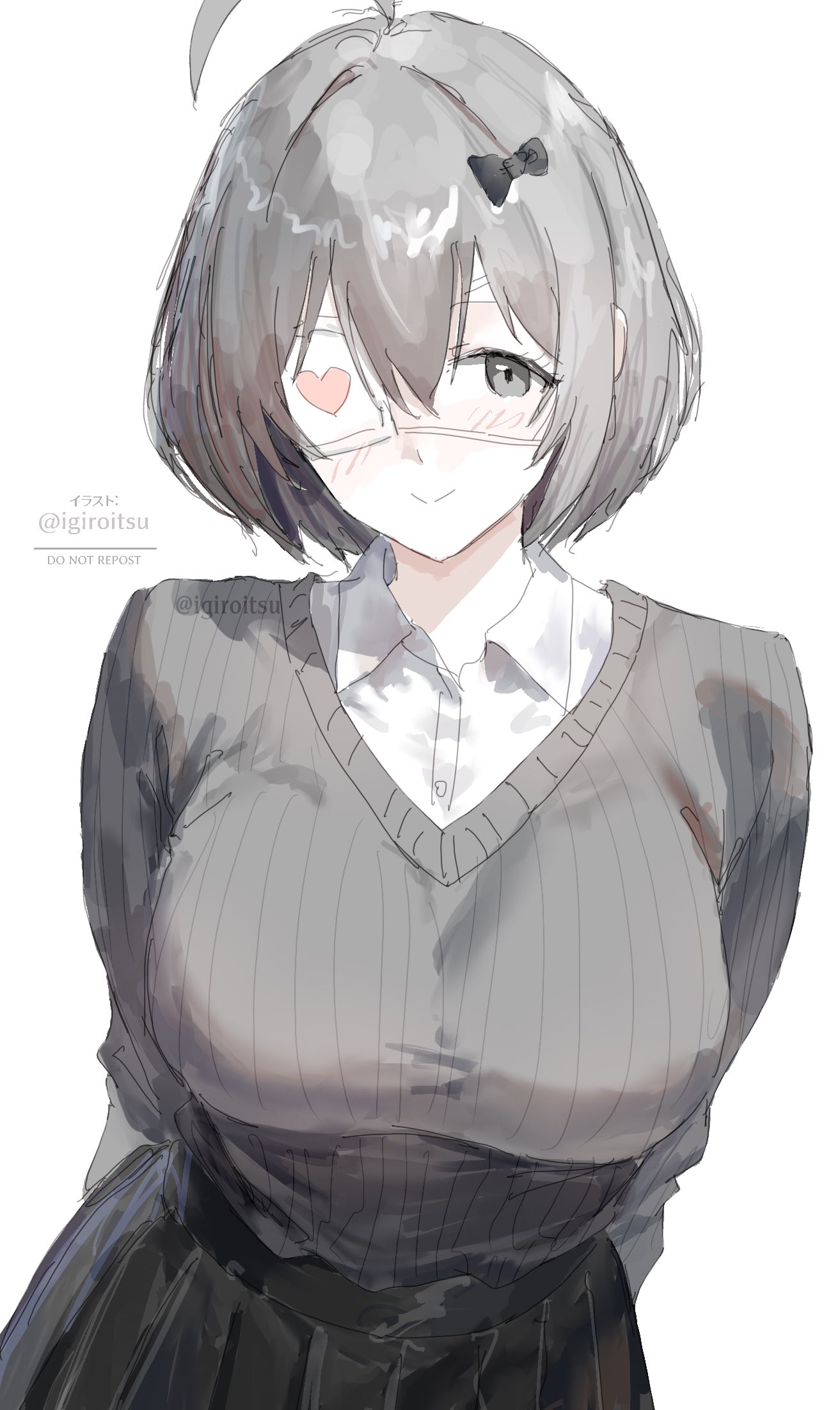igiroitsu, original, commentary request, highres, 1girl, ahoge, arms behind back, black bow, blush, bow, breasts, closed mouth, eyepatch, grey eyes, grey hair, grey sweater, hair between eyes, hair bow, heart, heart print, large breasts, looking at viewer, shirt, short hair, simple background, solo, sweater, twitter username, white background, white shirt