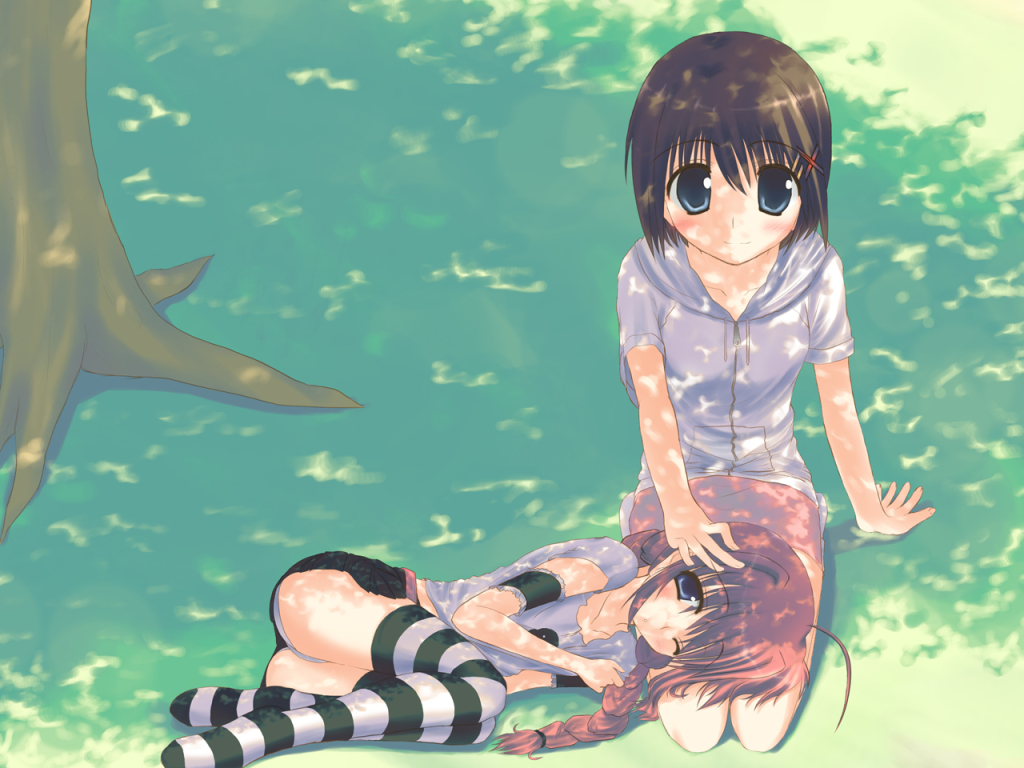 loo, vita (nanoha), yagami hayate, lyrical nanoha, mahou shoujo lyrical nanoha, striped legwear, 00s, 2girls, ass, brown hair, dappled sunlight, field, grass, green eyes, lap pillow, looking at viewer, multiple girls, plant, shirt, short hair, striped clothes, striped thighhighs, sunlight, thighhighs, tree, white shirt