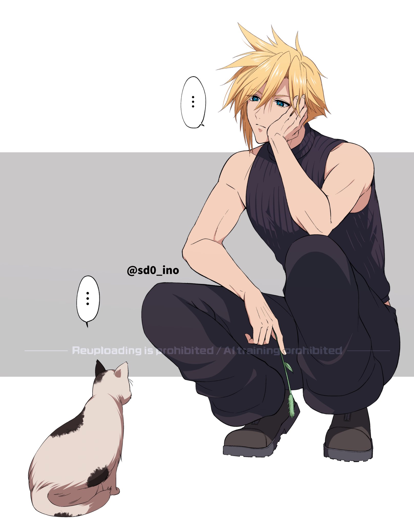 cloud strife, final fantasy, final fantasy vii, highres, 1boy, baggy pants, bare shoulders, blonde hair, blue eyes, blue pants, blue shirt, boots, border, calico (pattern), calico cat, cat, full body, grey background, head on hand, heart, holding, holding plant, looking at another, male focus, pants, plant, sd0 ino, shirt, short hair, sleeveless, sleeveless turtleneck, spiked hair, spoken heart, squatting, turtleneck, twitter username, white border