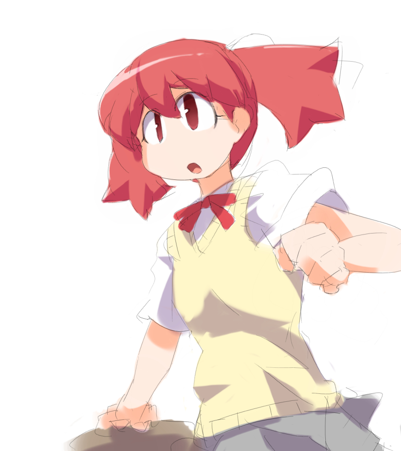 obomugera, hinata natsumi, keroro gunsou, bad id, bad pixiv id, 1girl, female focus, red eyes, red hair, school uniform, serafuku, short hair, solo, sweater vest, twintails